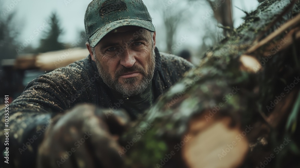 Man wearing work attire with determined expression interacts with wet timber in an outdoor environment, showcasing rugged reliability and focus in damp conditions. Man wearing work attire with determined expression interacts with wet timber in an outdoor environment, showcasing rugged reliability and focus in damp conditions.