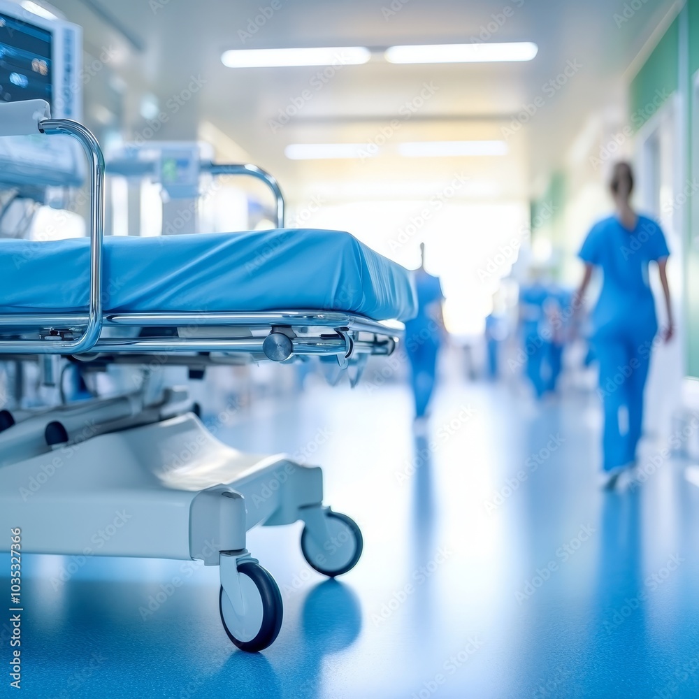 Hospital Corridor With Empty Gurney, Medical Staff in Background, Healthcare and Medicine Concept. Hospital Corridor With Empty Gurney, Medical Staff in Background, Healthcare and Medicine Concept.