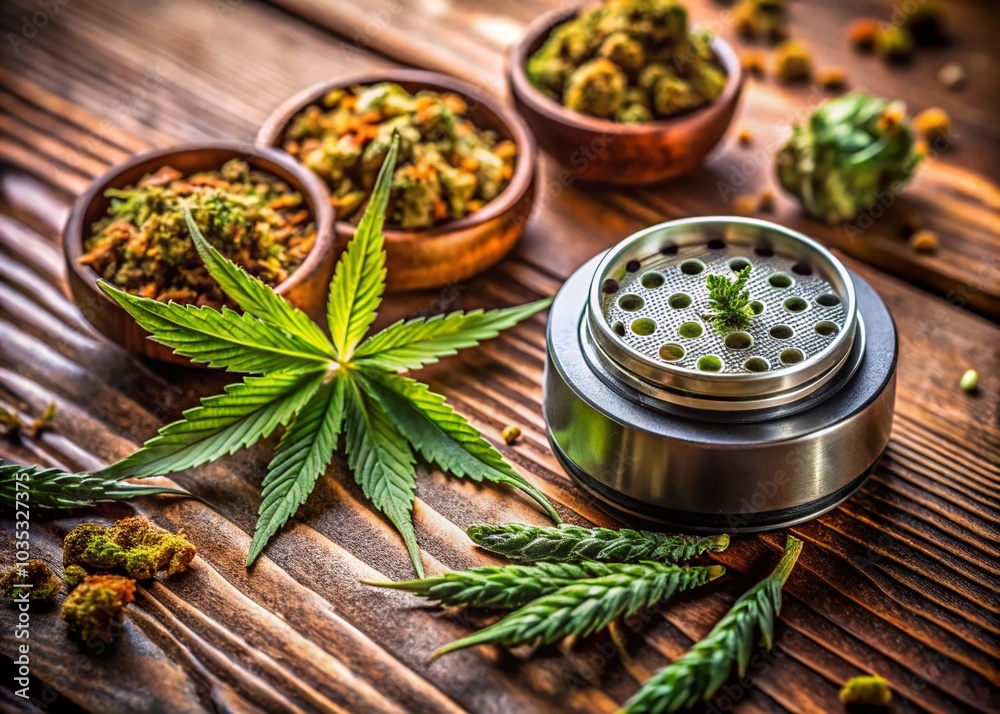 Close-Up Still Life of a Weed Grinder with Natural Elements for Cannabis Enthusiasts Close-Up Still Life of a Weed Grinder with Natural Elements for Cannabis Enthusiasts