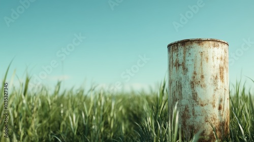 A rusty metal barrel stands solitary amidst tall green grass under a clear blue sky, juxtaposing the aged industrial object with fresh growth and renewal. photo