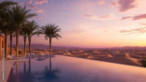 A Desert Oasis with an Infinity Pool and Palm Trees at Sunset