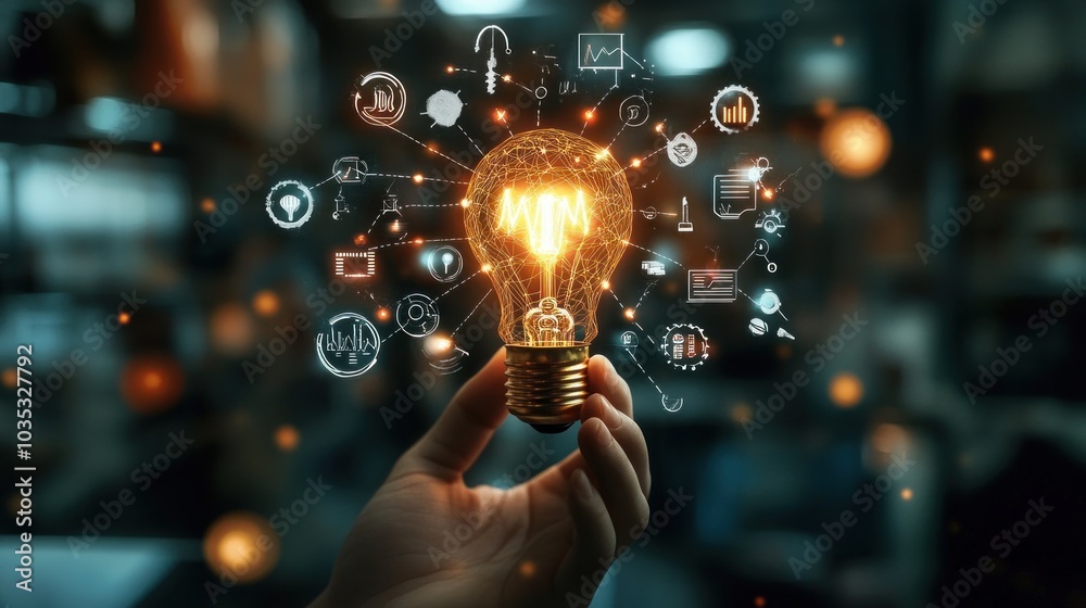 A hand holding a lit lightbulb with glowing icons surrounding it, representing ideas and innovation. A hand holding a lit lightbulb with glowing icons surrounding it, representing ideas and innovation.