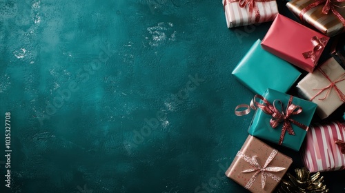 Brightly wrapped gifts with various colored ribbons laying against a green background, embodying joy, anticipation, and the spirit of gifting. photo