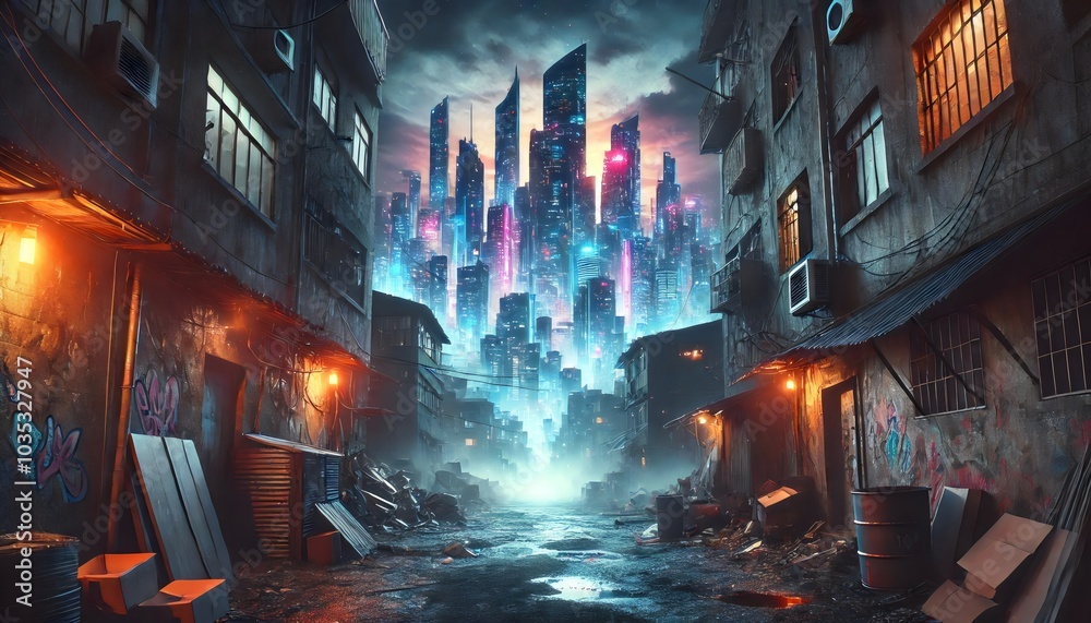 A captivating scene of a dystopian urban alley, lined with dilapidated buildings, graffiti, and glowing neon lights A captivating scene of a dystopian urban alley, lined with dilapidated buildings, graffiti, and glowing neon lights