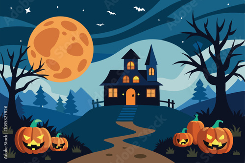 Halloween pumpkin and hunted house  with full moon background  - Generative AI