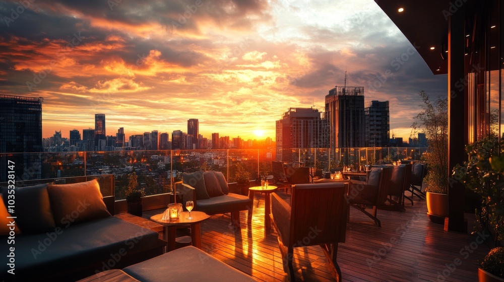 Obraz premium Rooftop Lounge with Sunset Cityscape and Cozy Seating