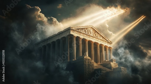 Ancient temple with glowing beams of light breaking through dark clouds.
