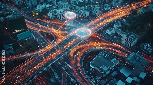 Futuristic cityscape with hovering holograms high tech architecture photo