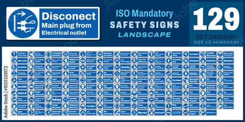 129 set ISO mandatory safety signs v31_disconnect main plug from electrical outlet_landscape size 1/2 a4,a3,a2,a1	

