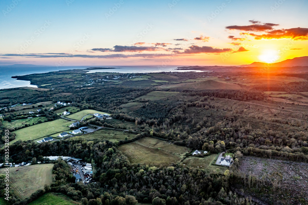 Obraz premium Aerial view of beautiful sunset above Brenter between Dunkineely and Inver in County Donegal, Republic of Ireland.