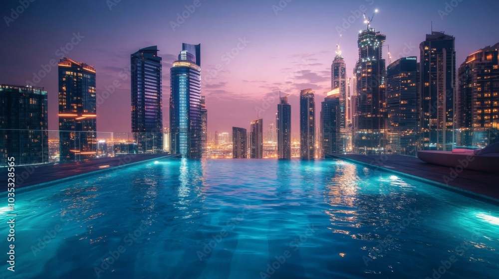 Fototapeta premium An Infinity Pool Overlooking a Cityscape at Dusk