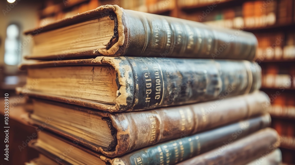 Stack of old books with worn leather covers in the library Stack of old books with worn leather covers in the library