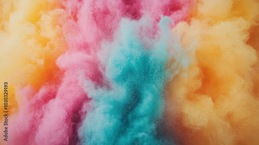 Fototapeta premium A dynamic, colorful blend of pink, blue, and orange powder clouds swirling together, evoking a sense of creativity, harmony, and celebration of diversity.