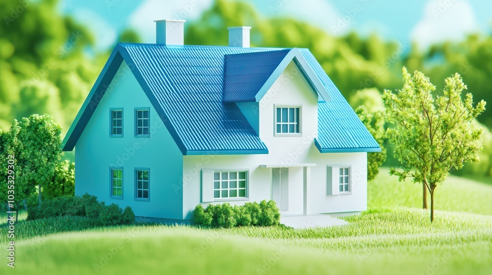 A charming house with a blue roof, surrounded by green landscapes, embodying modern architecture immersed in nature. A charming house with a blue roof, surrounded by green landscapes, embodying modern architecture immersed in nature.
