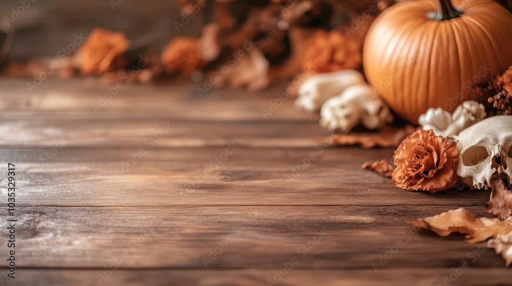 Fototapeta premium A rustic scene featuring a pumpkin surrounded by floral elements and dried leaves, capturing the essence of a cozy autumn and Halloween atmosphere vividly.