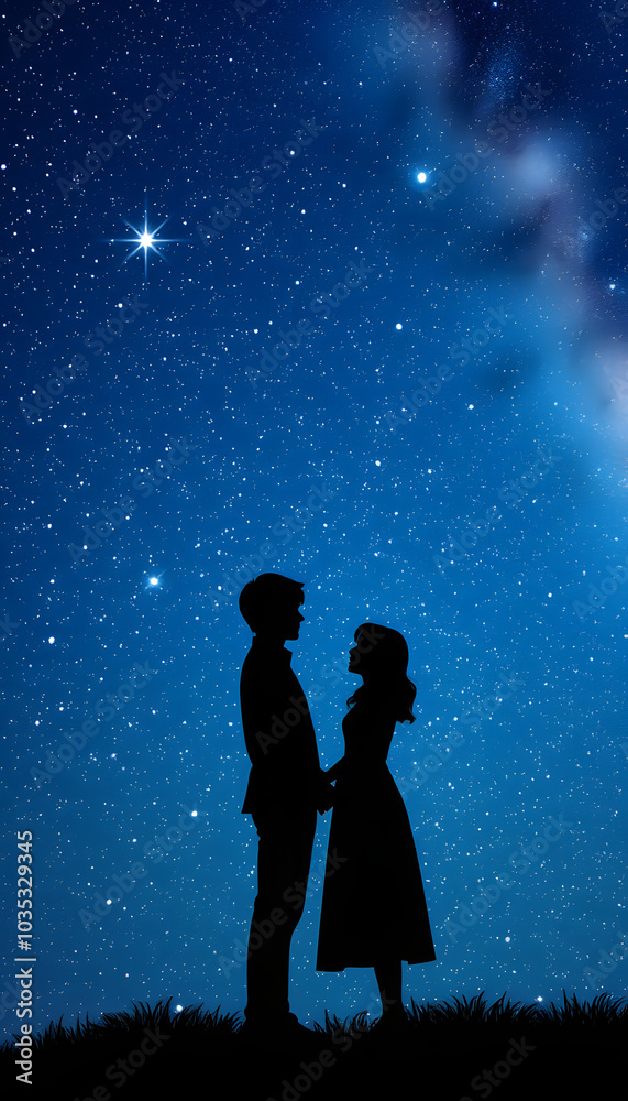 Silhouette of young couple on a milky way stars background. Valentine's day concept isolated with white highlights, png Silhouette of young couple on a milky way stars background. Valentine's day concept isolated with white highlights, png
