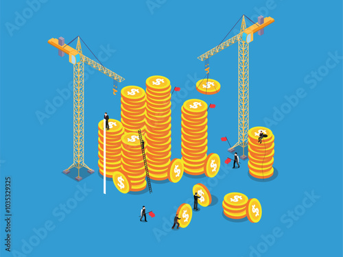 3D isometric illustration of construction workers building a stack of gold coins
