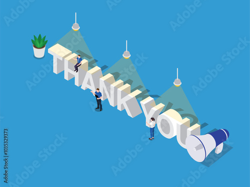 Young people surrounding the word THANK YOU 3d isometric vector illustration