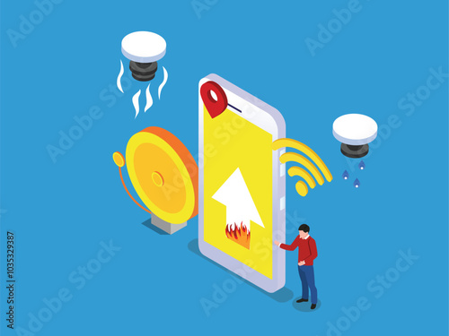 A man using a smartphone to control a fire alarm system 3d isometric vector illustration