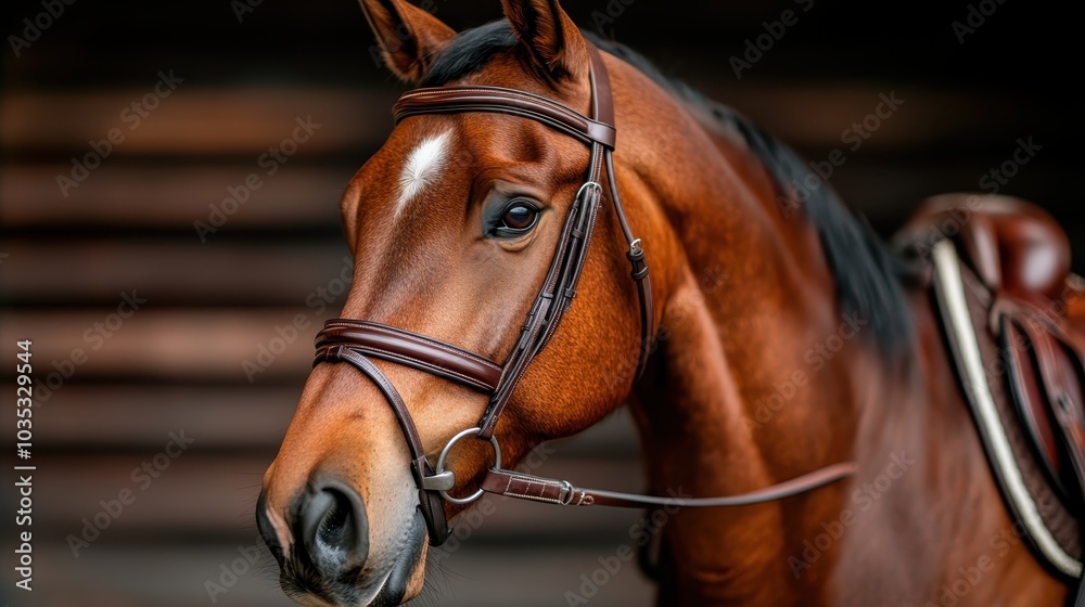 A close-up portrait of a chestnut horse with a bridle, standing against a rustic wooden background, highlighting its noble and gentle features with elegance.