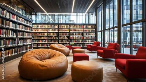 Modern library interior with comfortable furniture for reading photo