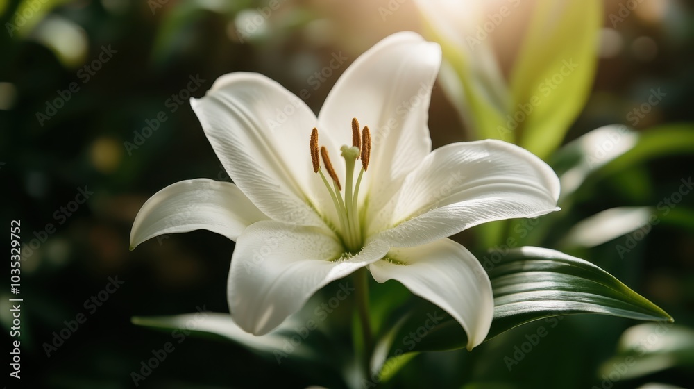A vibrant white lily stands proudly bathed in warm sunlight, surrounded by lush greenery that adds a bright and fresh feel to the floral composition. A vibrant white lily stands proudly bathed in warm sunlight, surrounded by lush greenery that adds a bright and fresh feel to the floral composition.