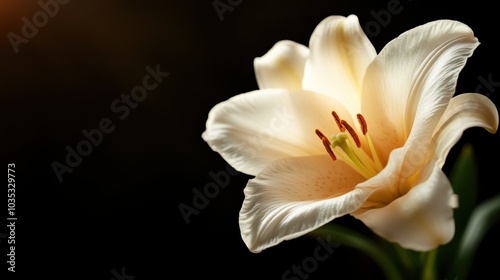 A gracefully poised white lily illuminated with dramatic contrasts, capturing its elegance and purity against a dark, atmospheric background.