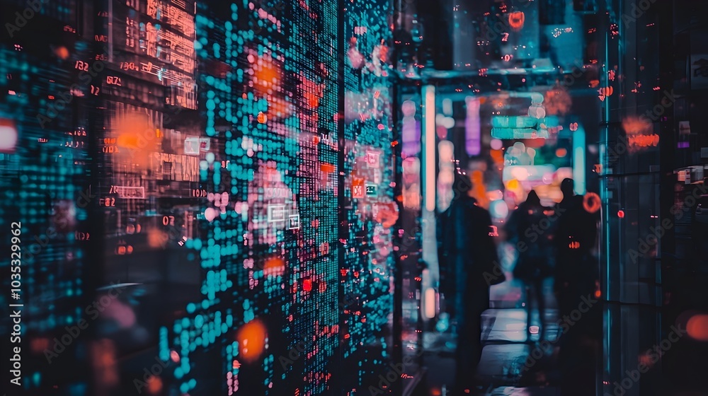 Obraz premium A photograph of a futuristic city street where holograms project real time traffic updates and other digital information showcasing the advanced infrastructure and technology of a modern