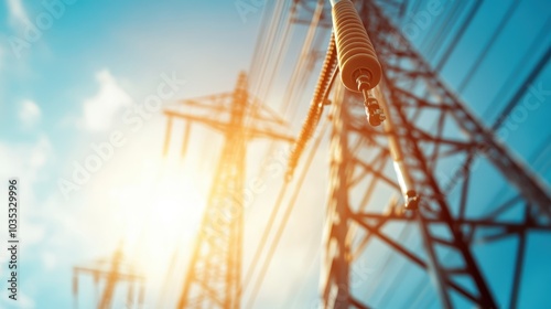 A striking view of electric towers towering into a bright blue sky, with focus on the insulators, symbolizing strength, connectivity, and technological prowess.