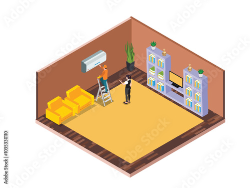  A technician is installing an air conditioner unit in a living room while a homeowner observes
