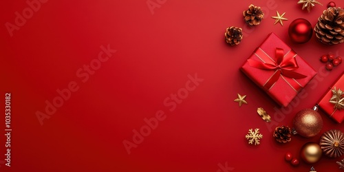 Festive Christmas Decorations on Red Background