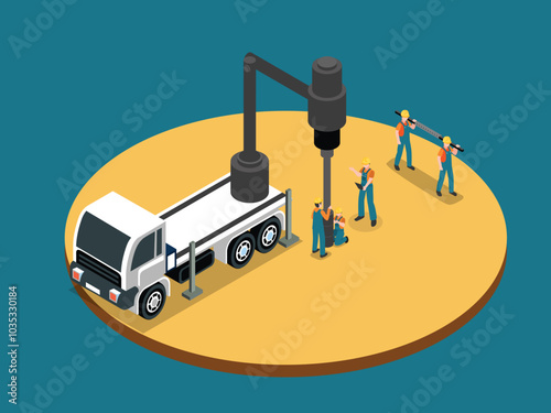Construction workers operating a drilling machine mounted on a truck. The team, dressed in blue uniforms, works together in a professional and efficient manner 3d isometric vector illustration