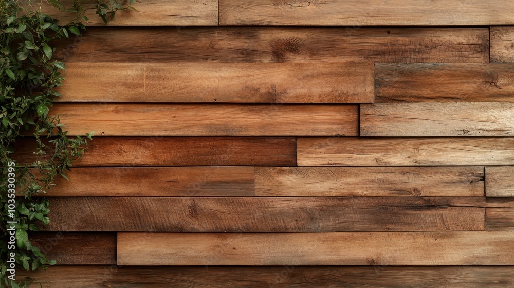 A composition of stacked horizontal wooden planks adorned with scattered green foliage. Ideal for a rustic-themed or nature-inspired decor setting.