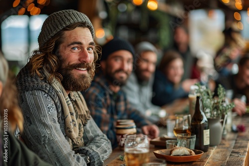 A group of friends gathers around a wooden bar, sharing laughs and drinks. The warm atmosphere and soft lighting create a relaxed vibe, perfect for socializing during the evening hours.