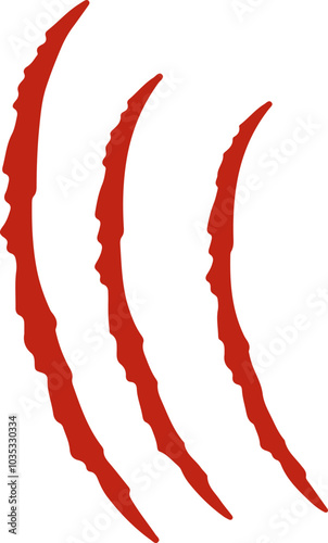 A bold red graphic illustration of claw marks with dripping blood on a white background. The jagged lines and blood droplets evoke a sense of danger and aggression.
