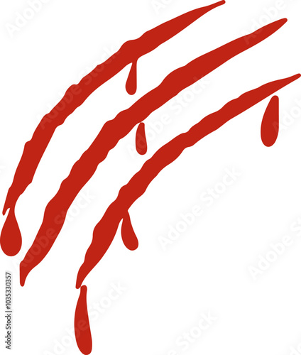 A bold red graphic illustration of claw marks with dripping blood on a white background. The jagged lines and blood droplets evoke a sense of danger and aggression.