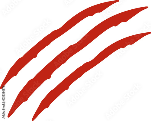 A bold red graphic illustration of claw marks with dripping blood on a white background. The jagged lines and blood droplets evoke a sense of danger and aggression.