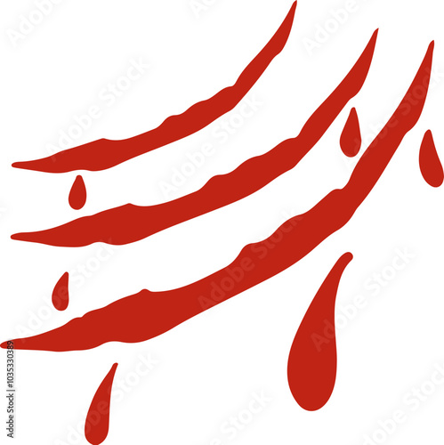 A bold red graphic illustration of claw marks with dripping blood on a white background. The jagged lines and blood droplets evoke a sense of danger and aggression.