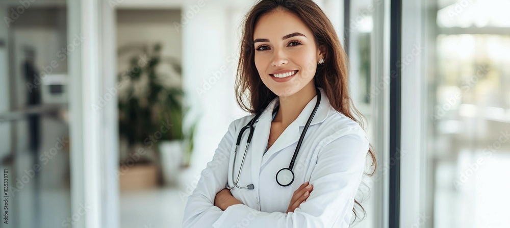 Confident Female Doctor in a White Coat with Stethoscope Confident Female Doctor in a White Coat with Stethoscope