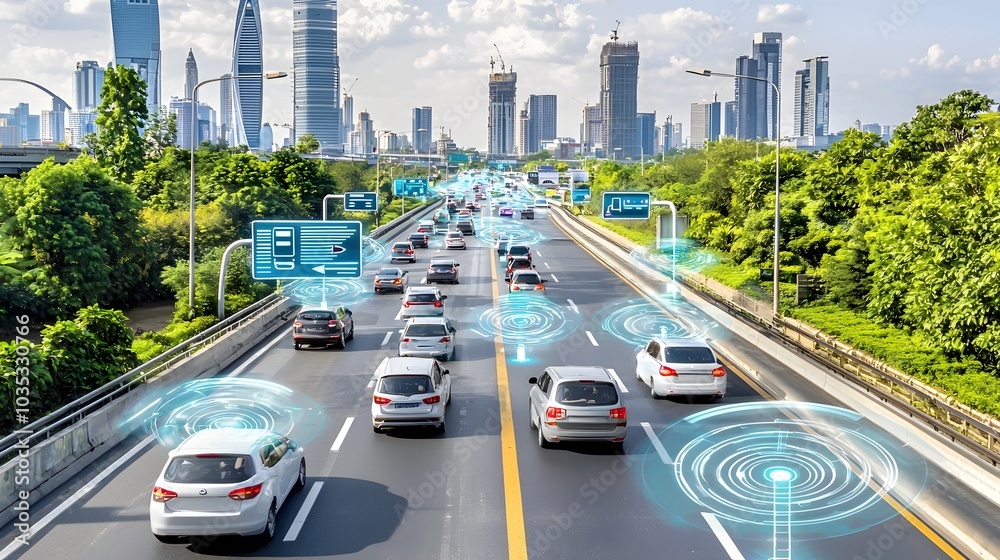 Obraz premium A photograph showcasing a futuristic highway scene with holographic traffic signals integrated into the urban infrastructure
