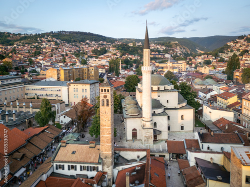 Aerial view of Bascarsija with the historic Gazi Husrev-beg Mosque and vibrant cityscape, Sarajevo, Bosnia and Herzegovina. photo