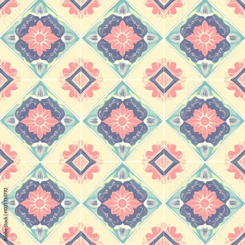 Thaiinspired textile pattern with symmetrical geometric shapes and subtle illustrations, in soft, pastel colors, Thai textile, seamless geometric design, photo