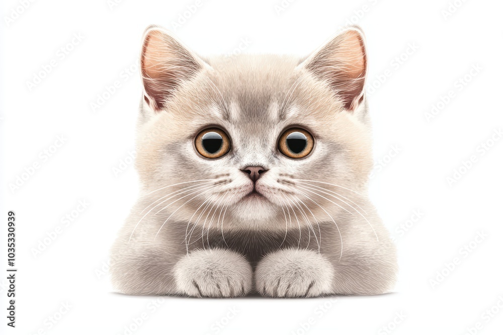 Fototapeta premium A cute fluffy kitten with big eyes looking curiously, isolated on a white background.