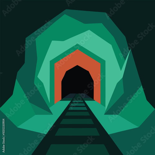 Emerald mine tunnel inside view, cave with railway vector illustration