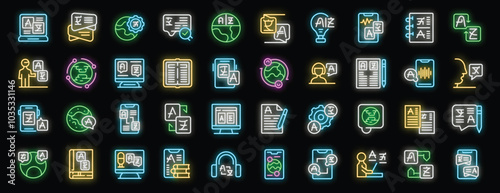 Language learning neon icons set vector. Foreign language translator application and linguist, international communication and translate service neon illustrations