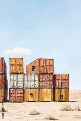 Trade embargo, rusting shipping containers in a desert, Watercolor style photo