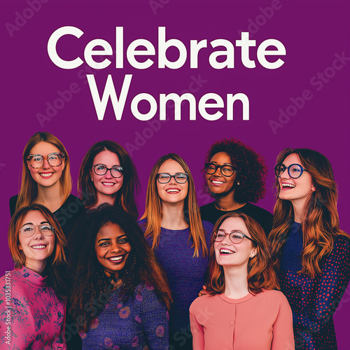 International Women’s Day. A diverse women celebrating International Women’s Day against a vibrant purple background photo