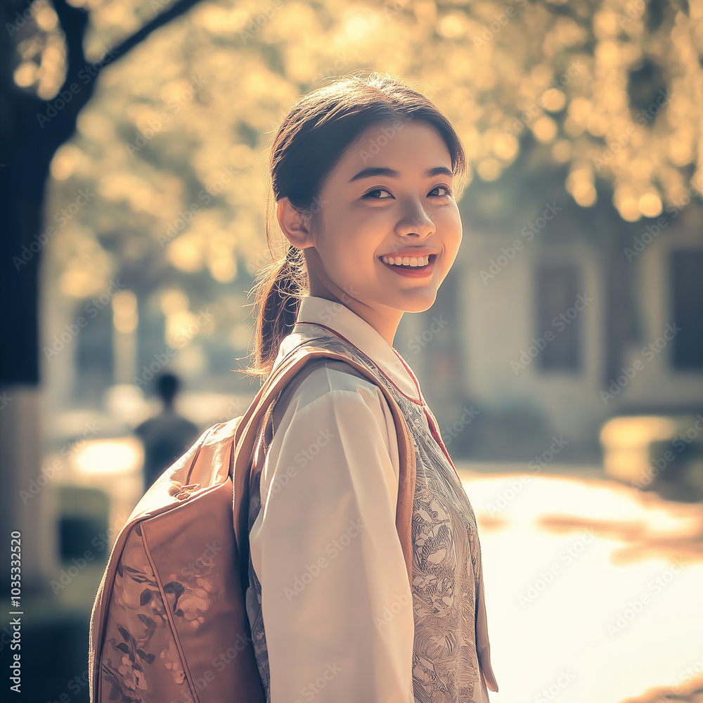 Smiling young woman with happiness walking with a backpack against a sunlit outdoor background with copy space