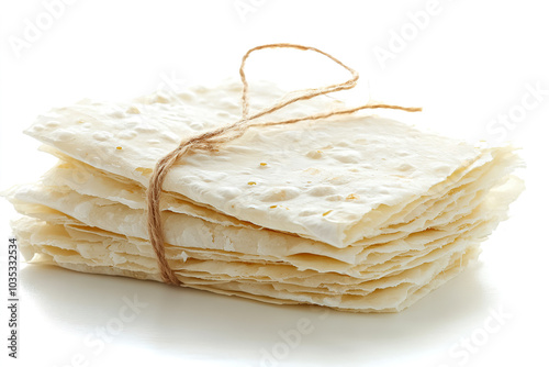 Traditional unleavened bread stacked neatly, tied with twine, illuminated softly against a white background. Generative AI photo