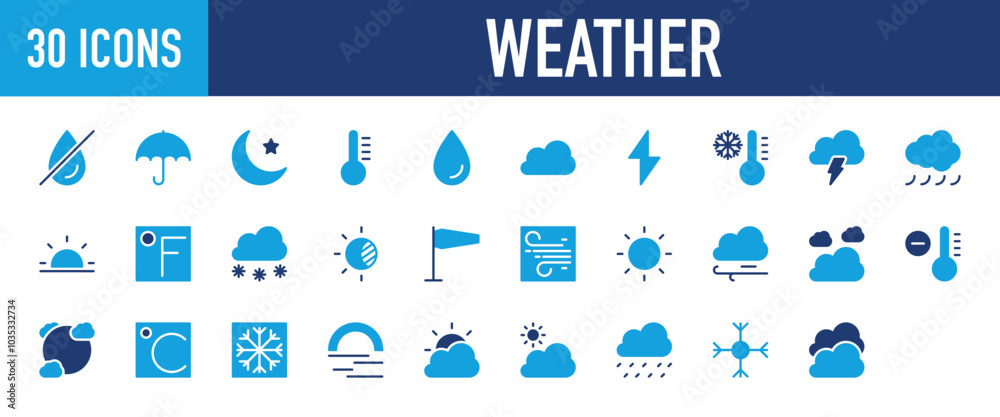 set of 30 Weather icons. No Rain, Umbrella, Temperature, Lightning, Moon And Star, Cloud, Frosty , Storm, Drop, Air Flow, Sunset, Fahrenheit Degrees, Snowfall, Eclipse, Wind collection. set of 30 Weather icons. No Rain, Umbrella, Temperature, Lightning, Moon And Star, Cloud, Frosty , Storm, Drop, Air Flow, Sunset, Fahrenheit Degrees, Snowfall, Eclipse, Wind collection.